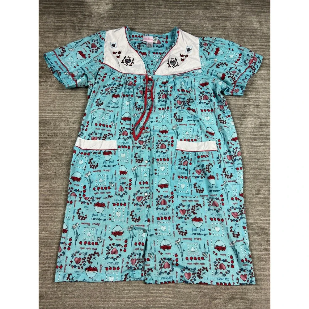 Moon Dance House Dress Women L Blue Fruit Hearts Snap Front Vintage Duster 93124 - Picture 1 of 13